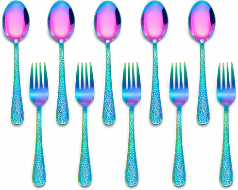LIANYU 10-Piece Kids Silverware Set, Rainbow Toddler Utensils Flatware Set, Stainless Steel Child Preschooler Cutlery Set, Includes 5 Kids Spoons,...