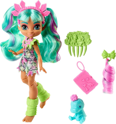 Mattel Cave Club Rockelle Doll (8-10-inch, Teal Hair) Poseable Prehistoric Fashion Doll with Dinosaur Pet and Accessories, Gift for 4 Year Olds an...