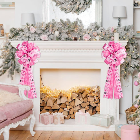 Whaline 6 Rolls Christmas Wired Edge Ribbon Pink Xmas Winter Holiday Craft Ribbon Buffalo Plaid Santa Snowman Snowflake Christmas Tree Truck Gift ...