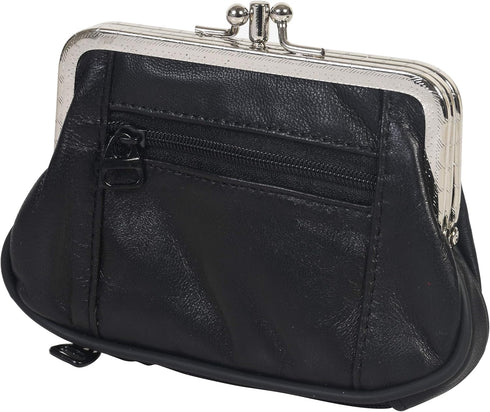 Women's Leather Metal Frame Double Clasp Zipper Coin Purse 5 1/4" x 3 1/4" (Black)...
