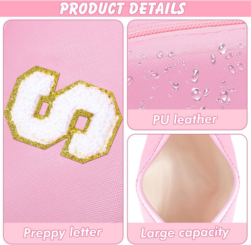 Patch Makeup Bag Travel Small Cosmetic Bag Pink PU Makeup Pouch Zippered Personalized Preppy Initial Skin Care Stuff Bag for Women Birthday Gift T...