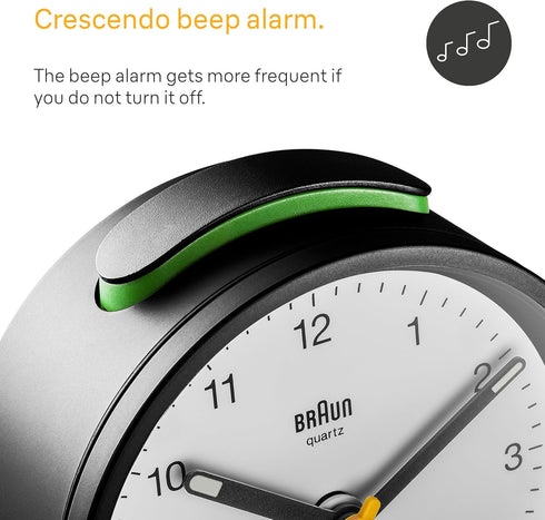 Braun Classic Analogue Alarm Clock with Snooze and Light, Quiet Quartz Movement, Crescendo Beep Alarm in Black and White, Model BC12BW....