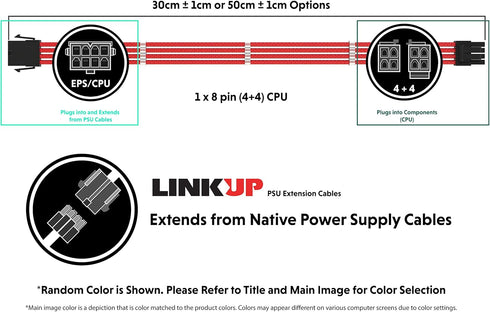 LINKUP - 50cm PSU PC Power Extension Cable Metallic Sleeved Silicone Coated Soft & Flexible to Route Custom Mod CPU w/Comb | 1x 8P (4+4) CPU EPS |...