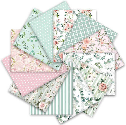 Whaline 12Pcs Spring Cotton Fabric Bundles 10 x 10 Inch Floral Greenery Printed Fat Quarters Pink Green Retro Quilting Patchwork for DIY Handmade ...