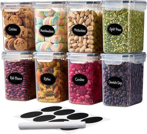 DWËLLZA KITCHEN Airtight Food Storage Container Set - 8 Pieces 1.4L - Plastic BPA Free Kitchen Pantry Storage Containers - Dishwasher Safe - Inclu...