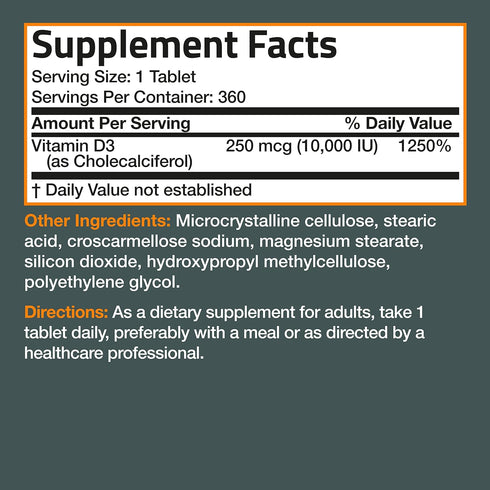 Bronson Vitamin D3 10,000 IU (250 MCG) 1 Year Supply for Healthy Muscle Function and Immune Support, Non-GMO, 360 Tablets...