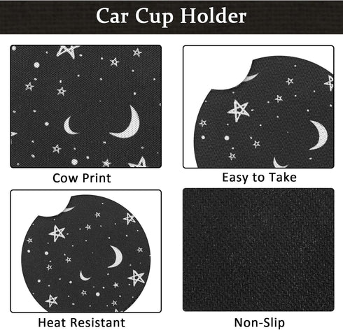 4 Pieces Black Moons White Stars Print Car Accessories Set Black Moons White Stars Steering Wheel Cover with 2 Pieces Car Cup Holder and Leather K...
