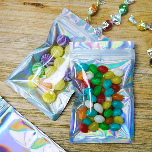 100 Pieces Smell Proof Bags - 3x5 Inches Resealable Mylar Bags Clear Zip Lock Food Candy Storage Bags Holographic Rainbow Color...
