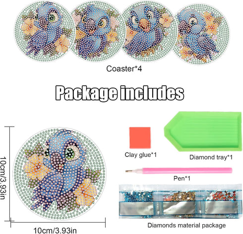 4 Pcs Diamond Art Painting Creative Coasters DIY Animal Bluebird Diamond Art Coasters Diamond Painting Kits Diamond Non Slip Coaster for Beginners...