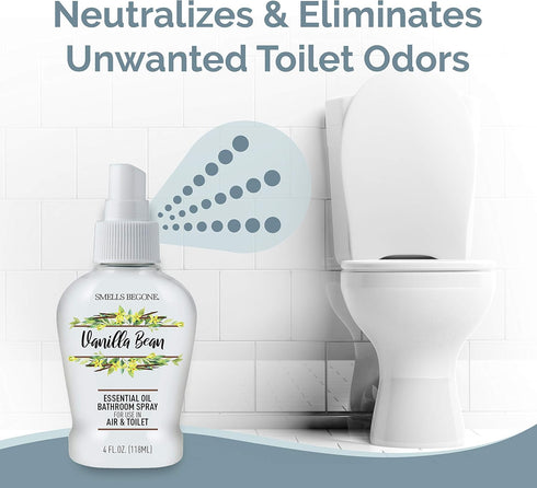 SMELLS BEGONE 4 oz Essential Oil Air Freshener Bathroom Spray - Eliminates Bathroom & Toilet Odors - Made with Essential Oils - Vanilla Bean Scent...