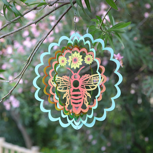 Kinetic 3D Metal Bee Wind Spinner Hanging Ornament Worth Gift for Home and Garden - 12inch Bee Mandala Kinetic Hanging Whirligigs Sun Catcher Wind...