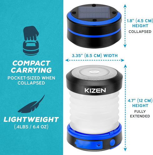 KIZEN Solar Camping Lantern - LED Lanterns for Power Outages, Camping Lights, Emergency Flashlight - Collapsible Lamp, Rechargeable W/ Solar or Pl...