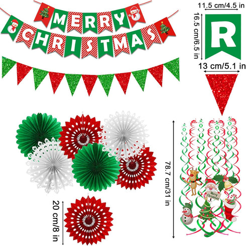 Fecedy Merry Christmas Hanging Paper Banner Triangle Bunting Paper Flower Fan Swirl Streamers&Christmas Tree Santa Claus Banner for Merry Christma...