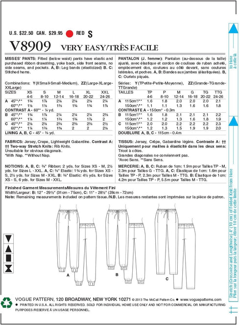 Vogue Patterns V8909 Misses' Pants Sewing Template, Size ZZ (LRG-XLG-XXL)...