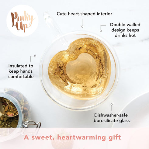 Pinky Up Kendall Heart Shaped Glass Tea Cups with Handle, Double Walled Coffee Mugs, Drinking Glasses for Hot Chocolate Milk, Latte, Eggnog, Cockt...