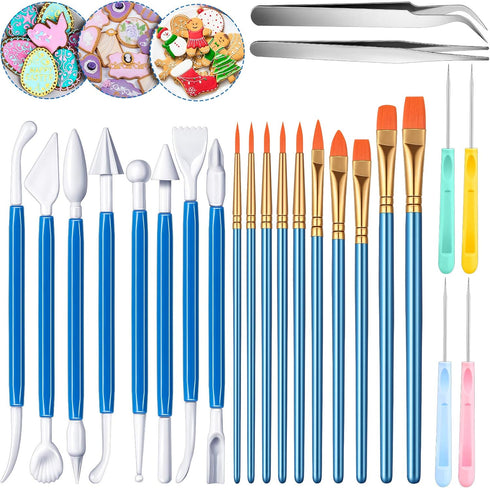 24 Pieces Cookie Decorating Fondant Cake Decorating Tool Set Include Brushes Sugar Stir Needle Fondant Modeling Tool Elbow and Straight Tweezer(Bl...
