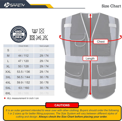 JKSafety 9 Pockets High Visibility Safety Vest for Men and Women, Hi-Vis Reflective Black Safety Vests with Zipper Front, Meet ANSI/ISEA Standards...