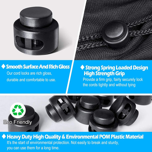 Plastic Cord Locks Double Hole Spring Toggle Stopper for Shoelaces, Drawstrings, Paracord, Bags, Clothing, Black...