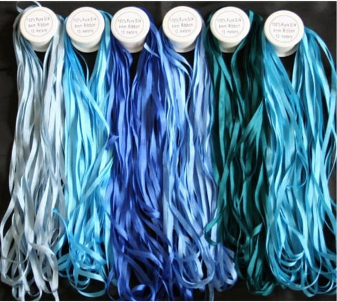 New ThreadNanny 6 Spools of 100% Pure Silk Ribbons - Blue Tones - 60 MTS x 4mm...
