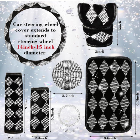 11 Pcs Bling Car Accessories Set for Women,Bling Steering Wheel Cover Universal Fit 15 Inch,Rhinestone Center Console Cover,Sparkling Seat Belt Sh...