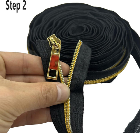 #5 Black Zipper Tape by The Yard Nylon Zippers for Sweing Gold Teeth 10 Yard with 20pcs Zipper Pulls for Bags and Purses Handback Craft Making...