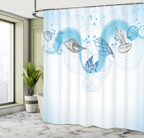 Ambesonne Nautical Shower Curtain, Marine Theme Seashells Ocean Waves Fishes Seahorse Swirls Curves and Bubbles, Cloth Fabric Bathroom Decor Set w...