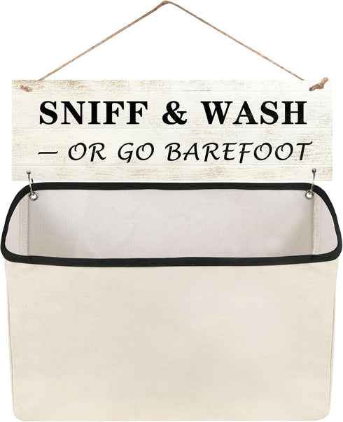 Laundry Room Decor and Organization: Wall-Hanging Lost Socks Storage Bag, Funny Wooden Sign - Single Canvas Basket for Sock Organization (SNIFF & ...