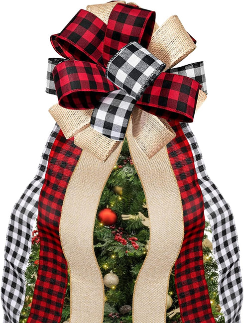 Christmas Tree Topper Large Buffalo Plaid Burlap Red and Black Gift Bow for Xmas Tree Handmade Holiday Party Decorations-13 x 29 Inch...