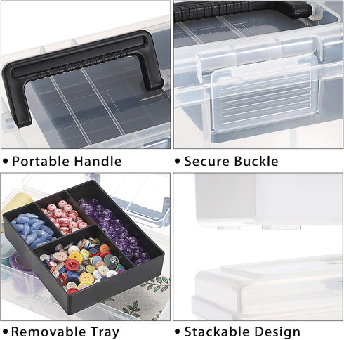 BTSKY Clear Plastic Storage Box with Removable Tray Multipurpose Stationery Storage Box with Handle Handy Sewing Box Art Craft Supply Organizer Ho...