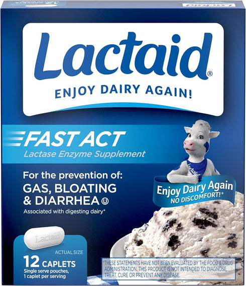 Lactaid Fast Act Lactose Intolerance Relief Caplets with Lactase Enzyme, 12 Travel Packs of 1-ct....