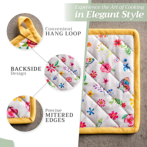 Maison d' Hermine 100% Cotton Oven Mitt & Pot Holder Set (7.5"x13" & 8"x8") Heat Resistant BBQ Cooking Gloves with Loop, Grilling, Kitchen, Handli...