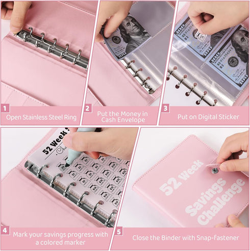 52 Week Money Saving Challenge Binder, A7 Savings Challenges Books with Cash Envelopes, Pink Budget Binder for Planning and Saving $500...