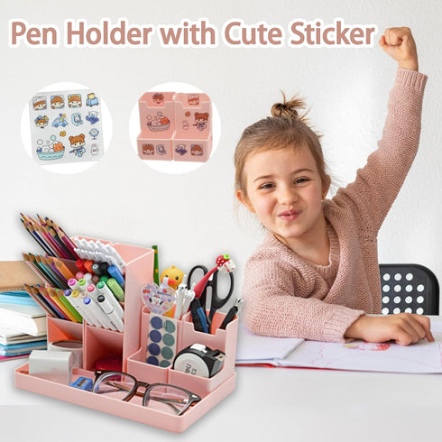 Pencil Pen Organizer for Desk, Removable Pink Desk Organizer with 12 Compartments & Tray, Cute Pen Holder with DIY Sticker, Marker Art Supplies St...