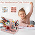 Pencil Pen Organizer for Desk, Removable Pink Desk Organizer with 12 Compartments & Tray, Cute Pen Holder with DIY Sticker, Marker Art Supplies St...