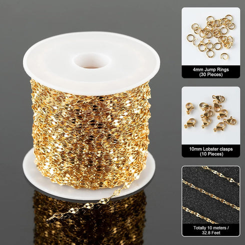 Jabogrii 32.8 Feet Gold Plated Chain Link Thin Stainless Steel Chain Spool Bulk Necklace with Lobster Clasp and Jump Rings for Jewelry Making DIY ...