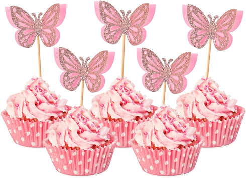 Butterfly Cupcake Toppers, 24 PCS Pink, Paper & Bamboo, Party Decoration, Kids Birthday, Baby Shower, Wedding, Anniversary, Non-Edible...