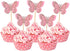 Butterfly Cupcake Toppers, 24 PCS Pink, Paper & Bamboo, Party Decoration, Kids Birthday, Baby Shower, Wedding, Anniversary, Non-Edible...