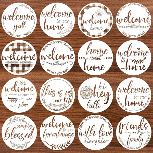 Kigley 16 Pcs Welcome Stencils for Painting on Wood 12" Large Hello Summer Themed Stencil Round Welcome Letters Stencils Templates Farmhouse Paint...