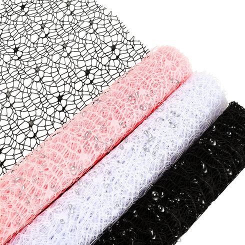 Whaline 3 Rolls Jacquard Net Mesh Openwork Floral Wrapping Paper Flowers Bouquet Paper Pink Black White Florist Packaging Paper for Wedding Birthd...