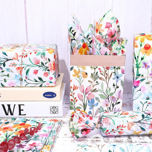 Whaline 100 Sheets Floral Tissue Paper Watercolor Flower Gift Wrapping Paper Colorful Wildflower DIY Art Craft Paper for Spring Wedding Birthday B...