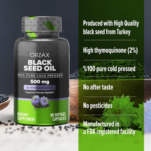 ORZAX 500 mg mg Black Seed Oil Organic Cold Pressed Capsules with 20mg Thymoquinone for Immune Support, Good Hair, Skin, and Joints (90 Soft Gel C...
