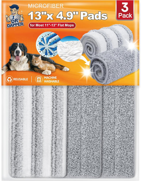 DR DAPPER Microfiber Mop Cleaning Pads 13" X 4.9" Washable Pads for Floor Cleaning Compatible with Joy Flat Mop or Mop Bucket Set, 3 Pack (Grey an...