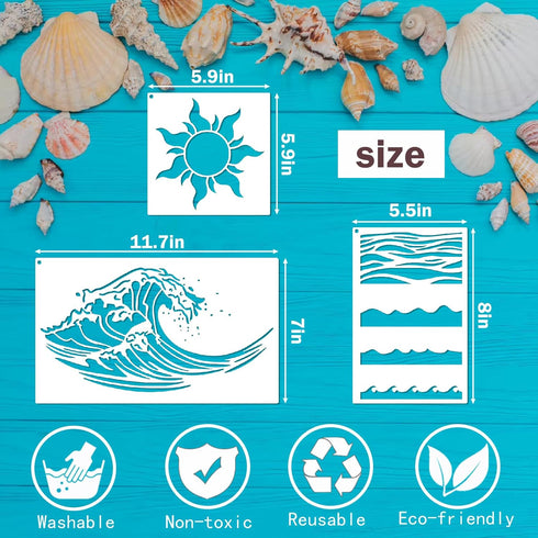 Beach Wave Stencils for Painting on Wood Reusable Canvas Nautical Sunrays Stencil for Crafts Kids Art Projects Drawing Card Making Pattern for Wal...