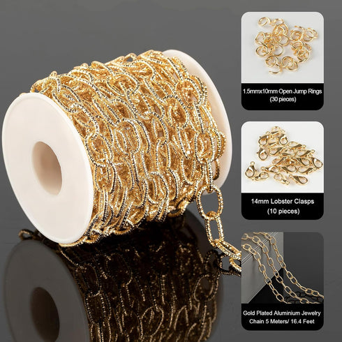 YOUBEIYEE 16.4 Feet Gold Plated Chain for Jewelry Making Embossed Oval Link Chain Lightweight Aluminum Necklace Bracelet Chain for Men and Women D...