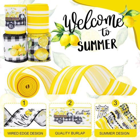 Lemon Wired Edge Ribbon 24 Yards Summer Yellow Lemons Truck Craft Ribbon Buffalo Plaids Farmhouse Fabric Ribbon for Wreath Bow Making DIY Crafts W...