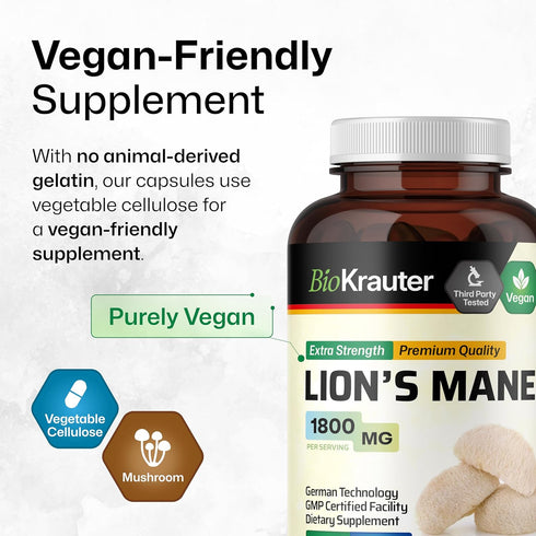 Lions Mane Supplement Capsules - Vegan, Organic Lion’s Mane Mushroom Supplement for Cognitive Function, Focus Support - Lions Mane Pills - 3 Month...