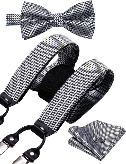 Barry.Wang Suspenders and Bow Tie Set for Men Solid Paisley Bowtie Y Shape Brace Handkerchief Cufflinks 6 Strong Clips...