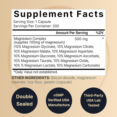 NatureBell Magnesium Complex Supplement 500mg, 300 Capsules | 10 Active Forms – Glycinate, Citrate, Taurate, Plus More | 100% Chelated & Purified ...
