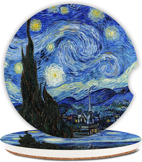 Ceramic Cup Holders Car Coasters for Women/Men,Absorbent Drink Cup Car Holder Coasters with A Finger Notch 2.56" Pack of 2,Starry Night Oil Painti...