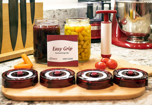 Fermenting Lids for wide mouth mason jars. 4 waterless airlock fermentation lids kit. Easy Grip fermenter lid with Oxygen Pump automatically Vents...